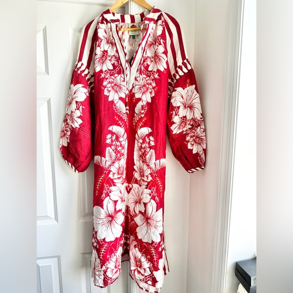 NWT Farm Rio Floral Chains Stripe Long Sleeve Linen Midi Dress - Picture 3 of 7